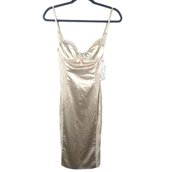 Oh POLLY Beige Satin Lace Slip Nightgown Lingerie Sexy Cocktail Bodycon Dress 4 - Picture 2 of 8